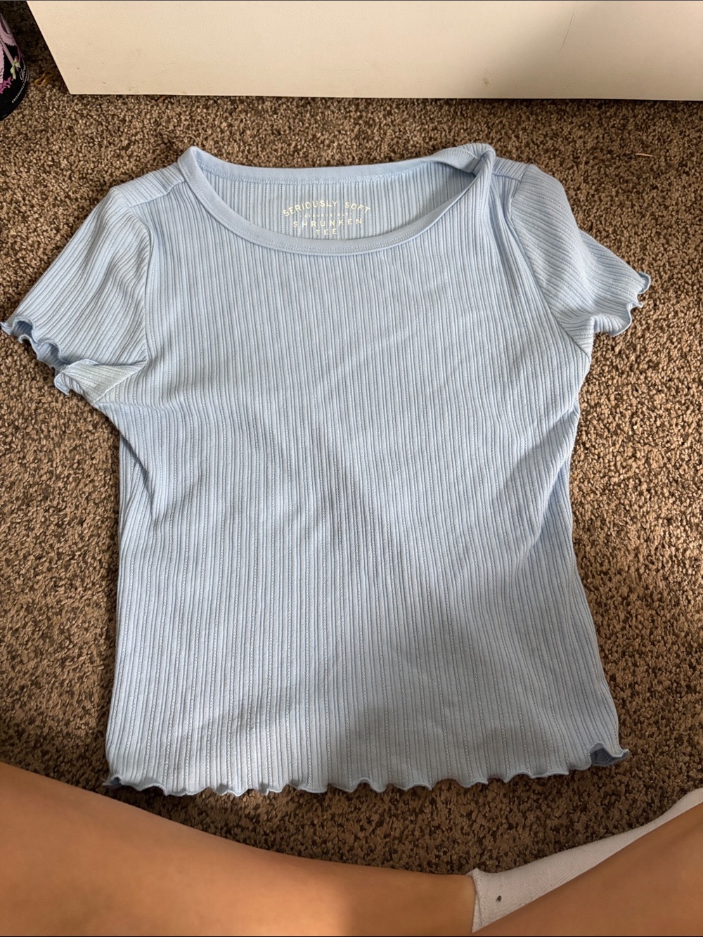 Aeropostale Light Blue Ribbed Lettuce-Edge Short Sleeve Tee
